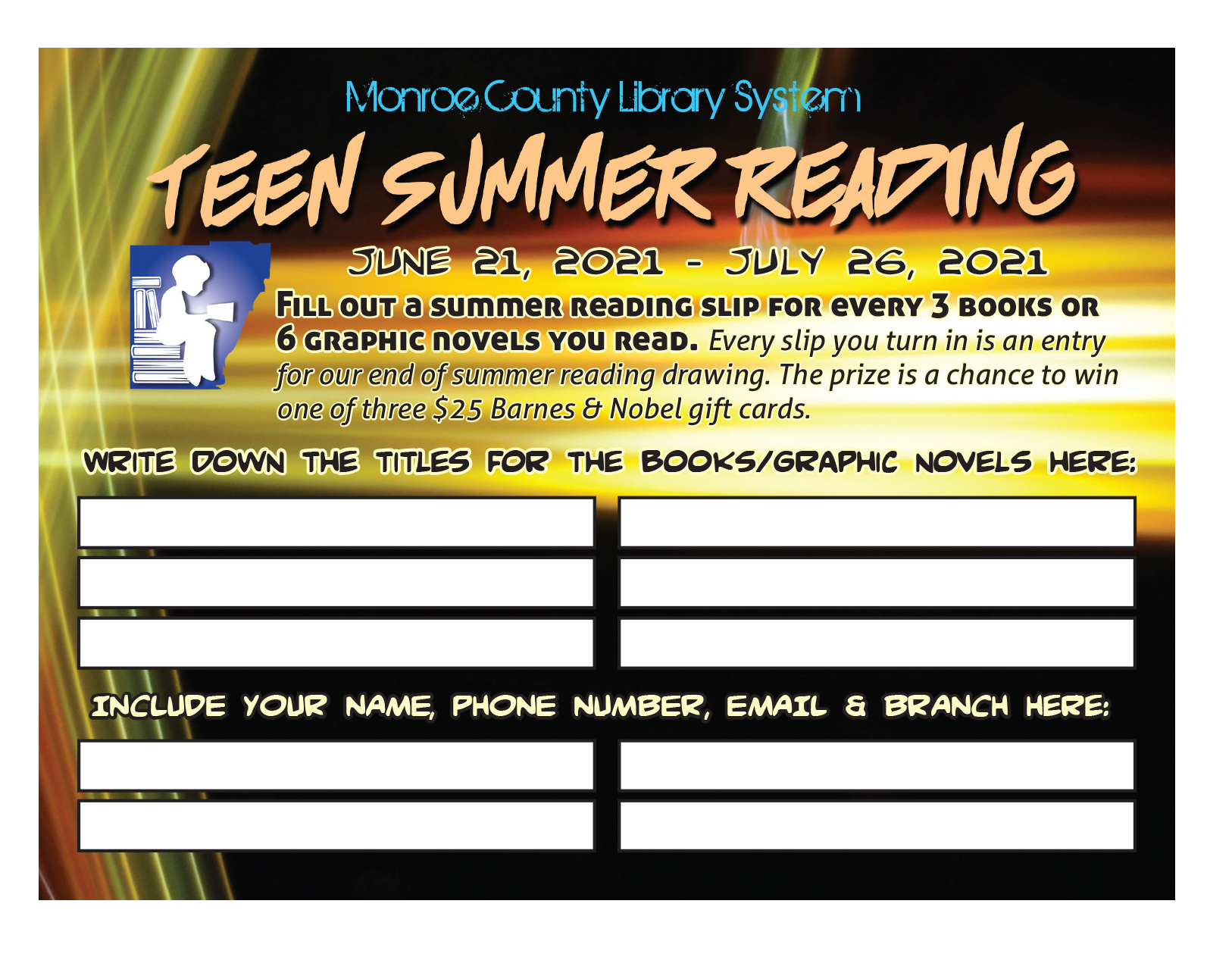 Teen Summer Reading form entry slip