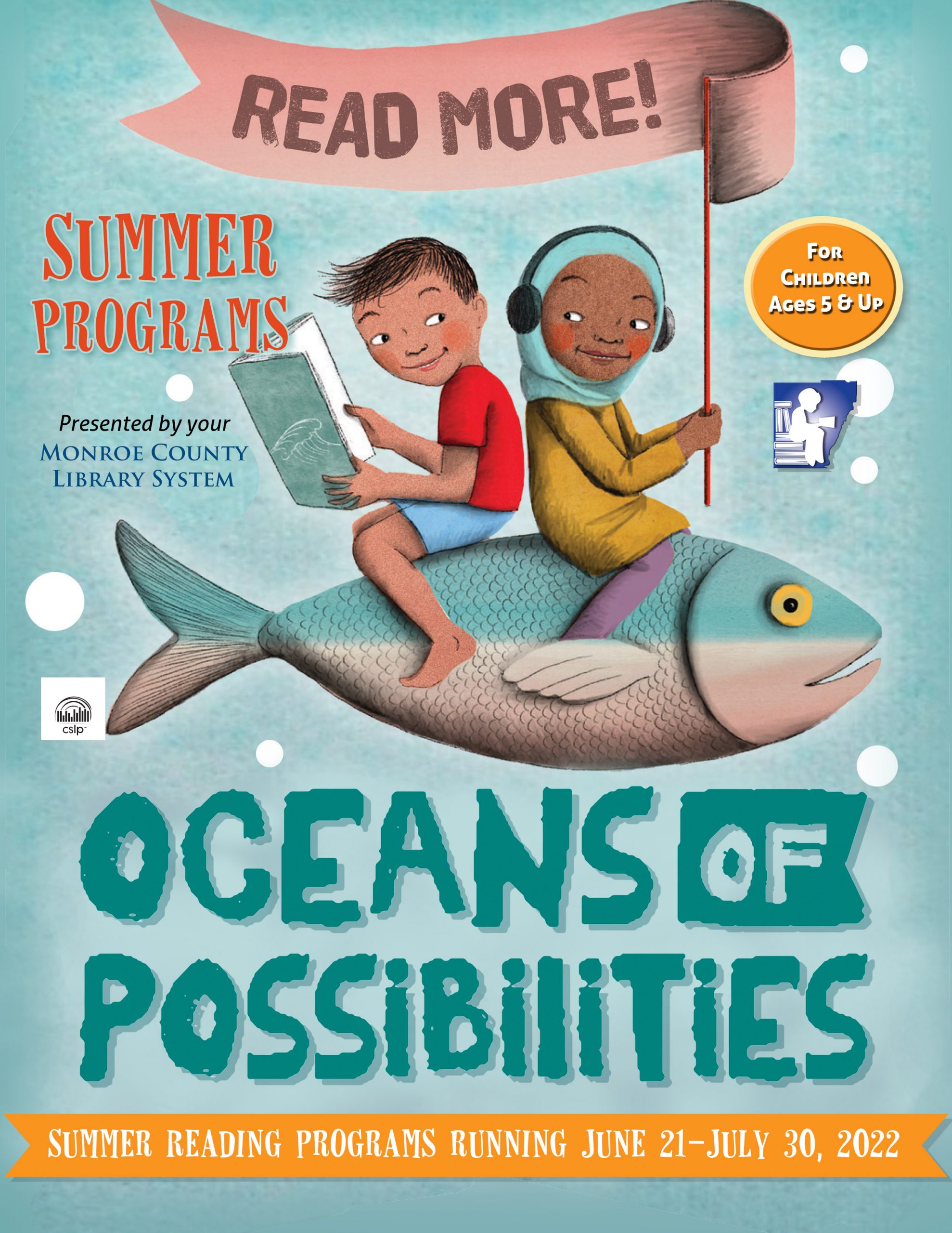 Two children riding a fish above the text "Ocean of Possibilities"