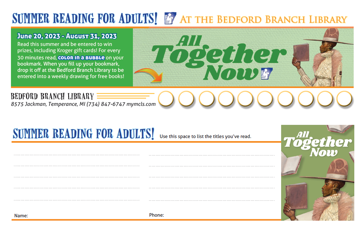 Bedford Branch Adult Summer Reading bookmark 2023