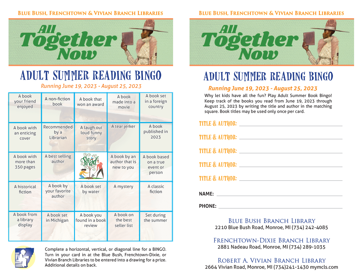 Adult Summer Reading Bingo Card for the Blue Bush, Frenchtown-Dixie, and Vivian Branch Libraries