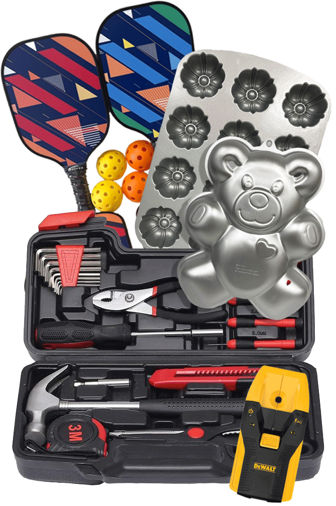 Tools box, cake pans, pickle ball, and more