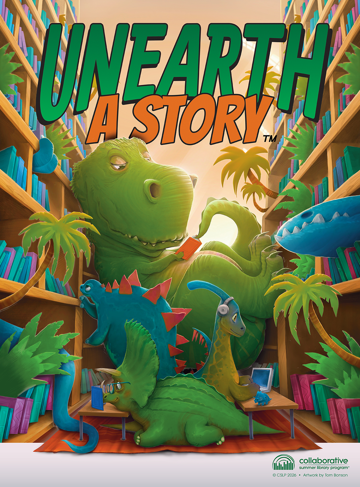 Summer Reading 2026: Unearth a Story. Dinosaurs crowd library bookshelves looking for something to read