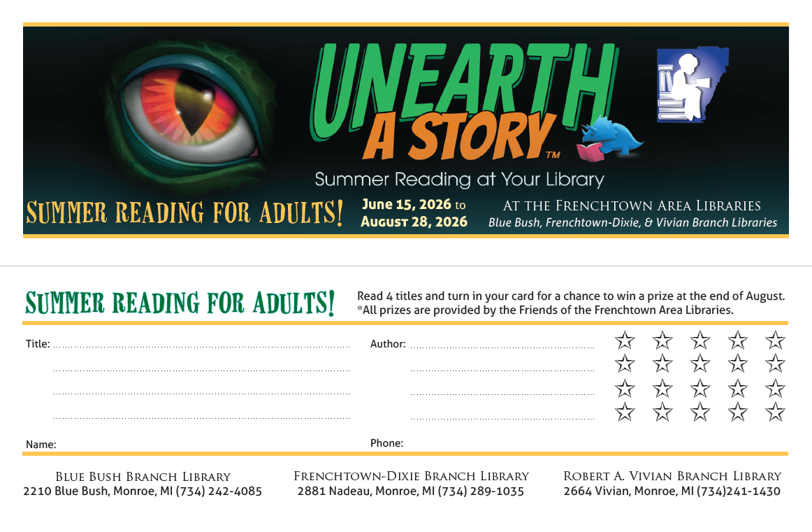 Example image of the Frenchtown Area Libraries Adult Summer Reading cards