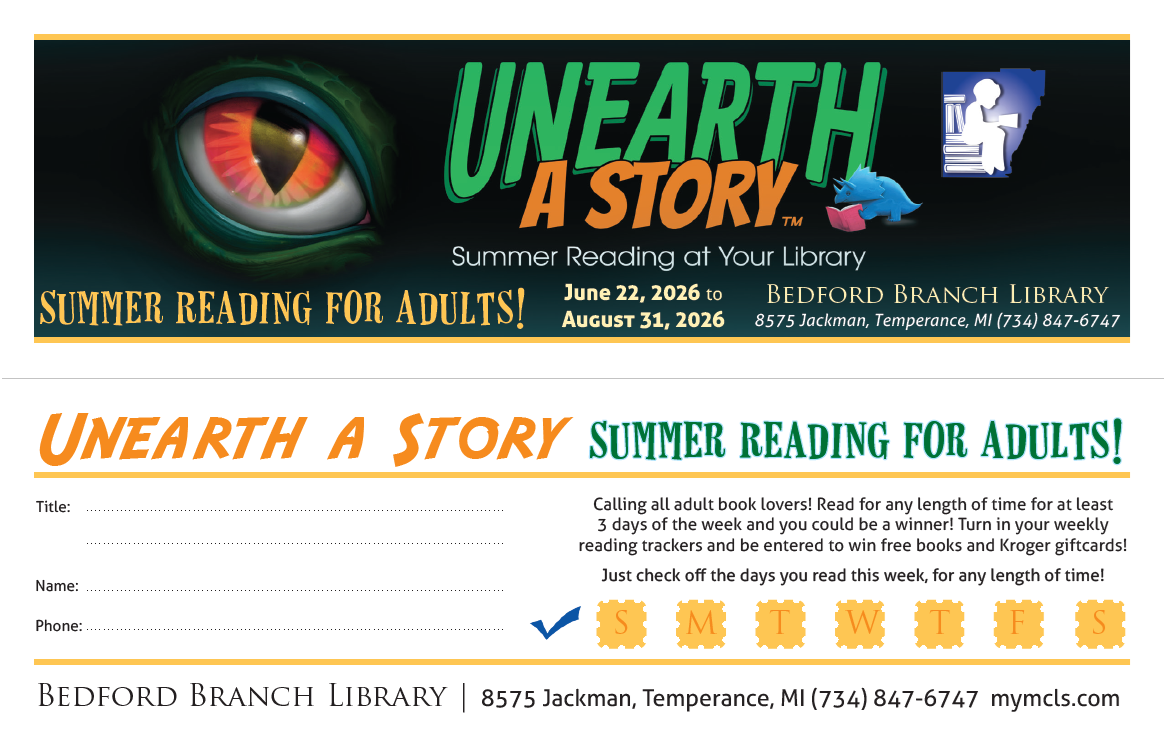 Example image of the Bedford Branch Library's Adult Summer Reading cards