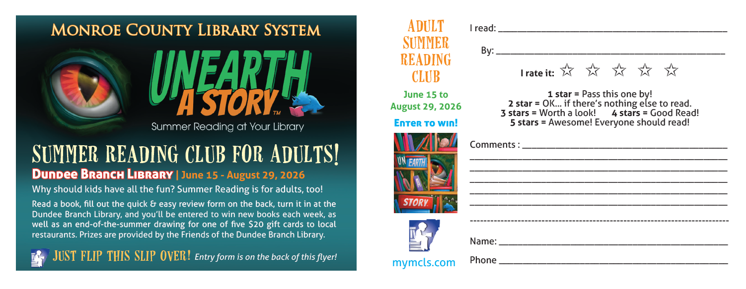 Image of the Dundee Branch Library's Adult Summer Reading slips