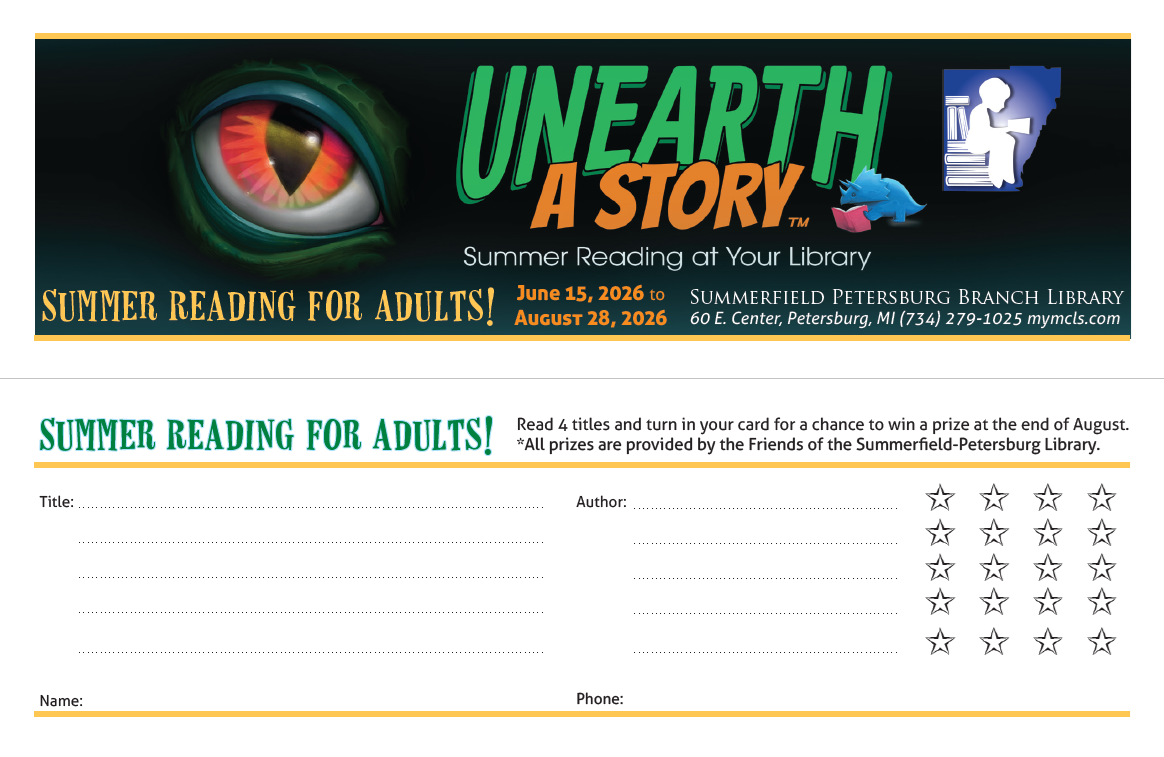 Example image of the Summerfield-Petersburg Branch Library's Adult Summer Reading cards